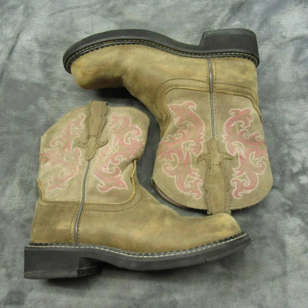 Ariat‎ Girls Boots 6 B Pink Embroidered Tan Leather Square Toe Fatbaby II Cowboy